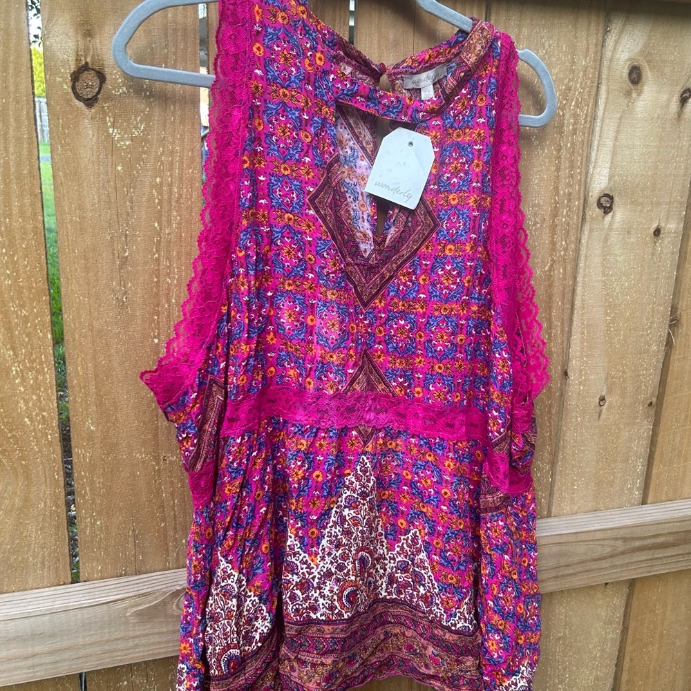 Wonderly NWT 2X Pink Lace Boho Hippy Top - Picture 7 of 10